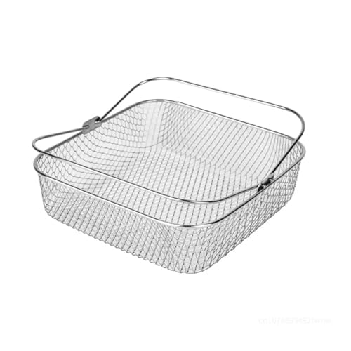 20 cm Luftfritteuse, quadratischer runder Netzkorb aus Edelstahl, Luftfritteuse-Dampfkorb mit Griff, knuspriger Korb aus Metall(Square) von ECWRWWGI