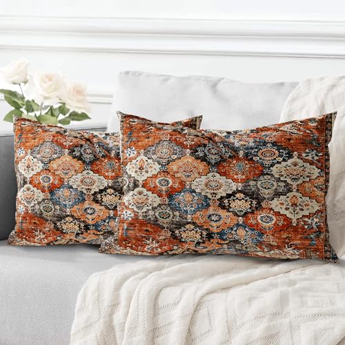 ECZOIL 2er Set Boho Kissenbezüge 30x50 cm,Böhmische Blumen Dekorative Kissenhülle Flachs 12x20 Inch Doppelseitiger Druck Dekorative Kissenbezug für Wohnzimmer Sofa Schlafzimmer-Blumen Orange von ECZOIL