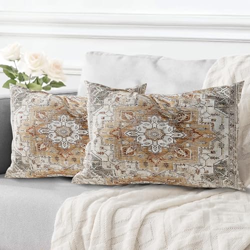 ECZOIL 2er Set Boho Kissenbezüge 30x50 cm,Böhmische Blumen Dekorative Kissenhülle Flachs 12x20 Inch Doppelseitiger Druck Dekorative Kissenbezug für Wohnzimmer Sofa Schlafzimmer-Braun von ECZOIL