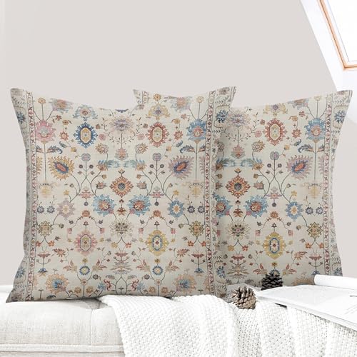 ECZOIL 2er Set Boho Kissenbezüge 45x45 cm,Böhmische Blumen Dekorative Kissenhülle Flachs 18x18 Inch Doppelseitiger Druck Dekorative Kissenbezug für Wohnzimmer Sofa Schlafzimmer-Floral Cremefarben von ECZOIL
