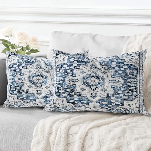 ECZOIL 2er Set Boho Kissenbezug 30x50 cm Kissenhülle Dekorative Boho Stil Vintage Zierkissenbezüge Kissen für Sofa Sessel Zuhause Schlafzimmer mit Verstecktem Reißverschluss - Blau und Weiß von ECZOIL