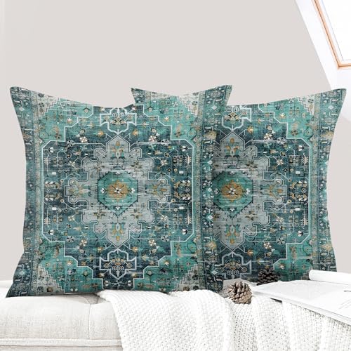 ECZOIL 2er Set Boho Kissenbezug 40x40 cm Kissenhülle Dekorative Boho Stil Vintage Zierkissenbezüge Kissen für Sofa Sessel Zuhause Schlafzimmer mit Verstecktem Reißverschluss - Cyan von ECZOIL