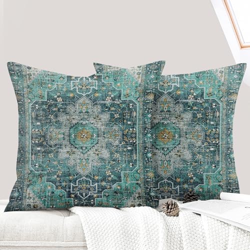 ECZOIL 2er Set Boho Kissenbezug 45x45 cm Kissenhülle Dekorative Boho Stil Vintage Zierkissenbezüge Kissen für Sofa Sessel Zuhause Schlafzimmer mit Verstecktem Reißverschluss - Cyan von ECZOIL