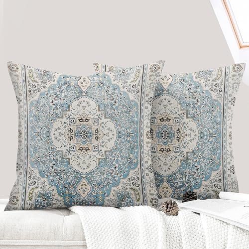 ECZOIL 2er Set Boho Kissenbezug 60x60 cm Kissenhülle Dekorative Boho Stil Vintage Zierkissenbezüge Kissen für Sofa Sessel Zuhause Schlafzimmer mit Verstecktem Reißverschluss - Himmelblau von ECZOIL