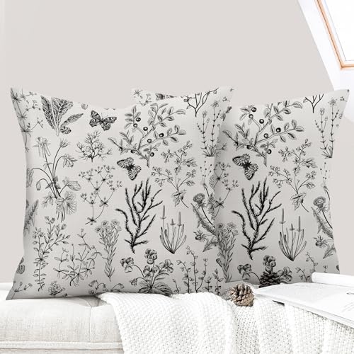 ECZOIL 2er Set Kissenbezüge für 40x40 cm, Blumen Dekorative Kissenhülle Kurzer Plüsch 16x16 Inch Doppelseitiger Druck Dekorative Kissenbezug für Wohnzimmer Sofa Schlafzimmer-Schwarze Retro Blumen von ECZOIL