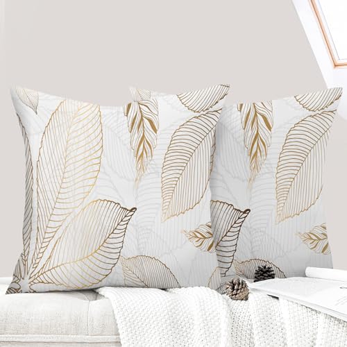 ECZOIL 2er Set Kissenbezug für 45x45 cm, Bunt Pflanzen Blumen Muster Kopfkissenbezug mit Reißverschluss, für Wohnzimmer Sofa Schlafzimmer-Gold Blatt von ECZOIL