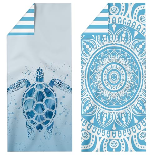 ECZOIL Strandtuch Microfaser Badetuch Groß 2 Set 180×80 cm Strandtücher XXL Sandfestes Design, geeignet für Männer und Frauen, Urlaub, Schwimmen und Camping Strand-Blaues Mandala und Schildkröte von ECZOIL