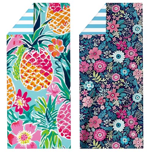 ECZOIL Strandtuch Microfaser Badetuch Groß 2 Set 180×80 cm Strandtücher XXL Sandfestes Design, geeignet für Männer und Frauen, Urlaub, Schwimmen und Camping Strand-Bunte Blumen und Ananas von ECZOIL