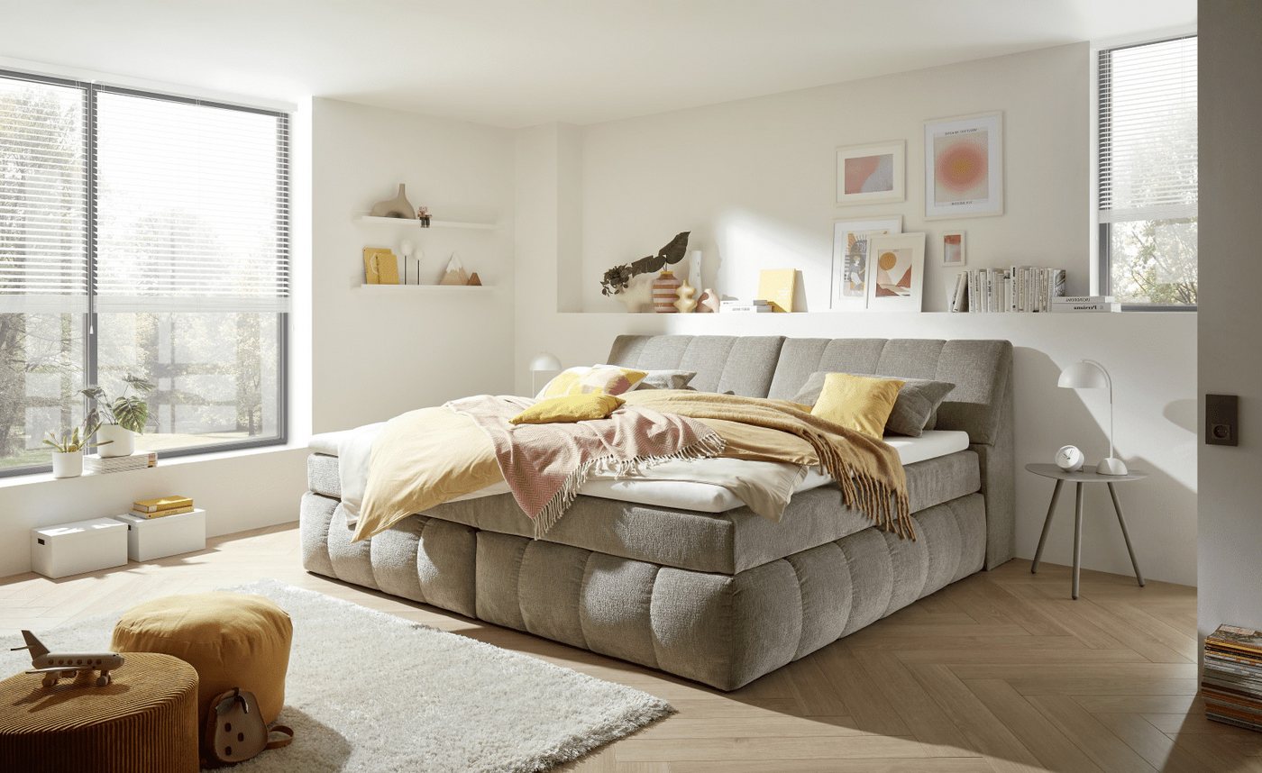 ED EXCITING DESIGN Boxspringbett Elkford 240 x 200 cm mit Stauraum im Kopfteil (Komplettbett inkl. Matratze und Topper, Komplettbett inklusive Matratze und Topper), 240x200 cm, H2 mittelfest, Komfort-Liegehöhe 65 cm, Stauraum von ED EXCITING DESIGN