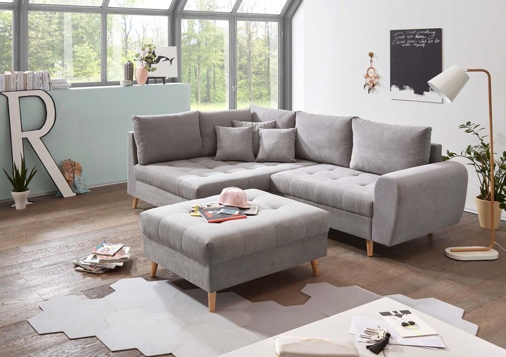 ED EXCITING DESIGN Ecksofa, Alice Ecksofa inkl. Hocker 249x175 cm Couch Eckcouch Sofa Hellgrau von ED EXCITING DESIGN