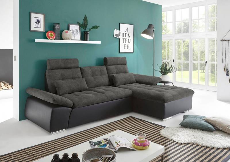 ED EXCITING DESIGN Ecksofa Jakarta L-Form, mit Bettfunktion, Armteilverstellung, Kopfstützen & 2 Nierenkissen von ED EXCITING DESIGN