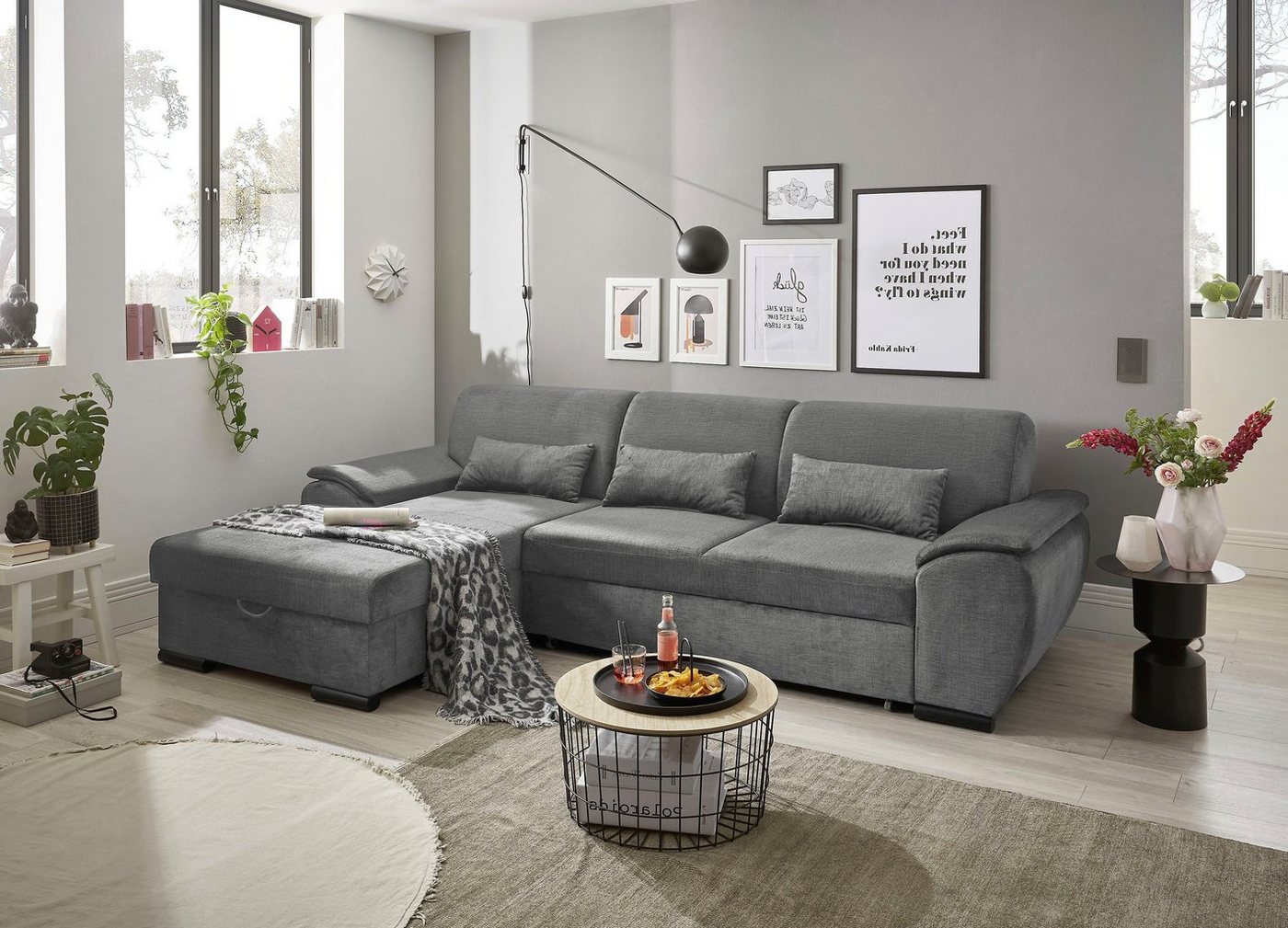 ED EXCITING DESIGN Ecksofa Tampa, frei im Raum stellbar, mit Bettkasten, Schlaffunktion, 3 Nierenkissen von ED EXCITING DESIGN