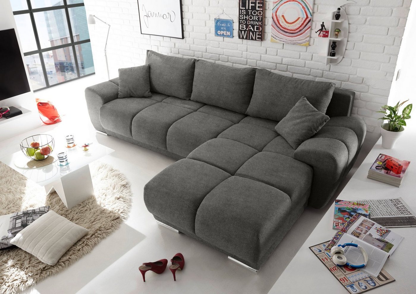 ED EXCITING DESIGN Ecksofa Anton, mit Bettfunktion, Bettkasten, Rücken- und Zierkissen, universell von ED EXCITING DESIGN