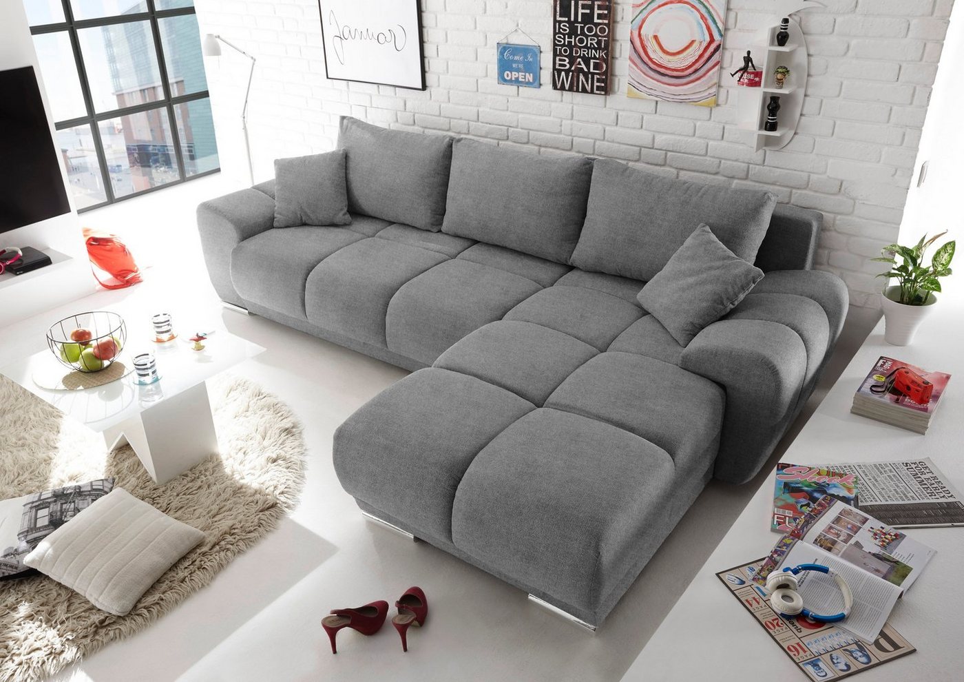 ED EXCITING DESIGN Ecksofa Anton, mit Bettfunktion, Bettkasten, Rücken- und Zierkissen, universell von ED EXCITING DESIGN