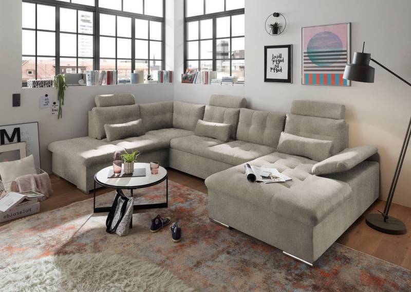 ED EXCITING DESIGN Wohnlandschaft Jakarta U-Form mit Bettfunktion, Bettkasten, Armteilverstellung, Kopfstützen & 3 Nierenkissen von ED EXCITING DESIGN
