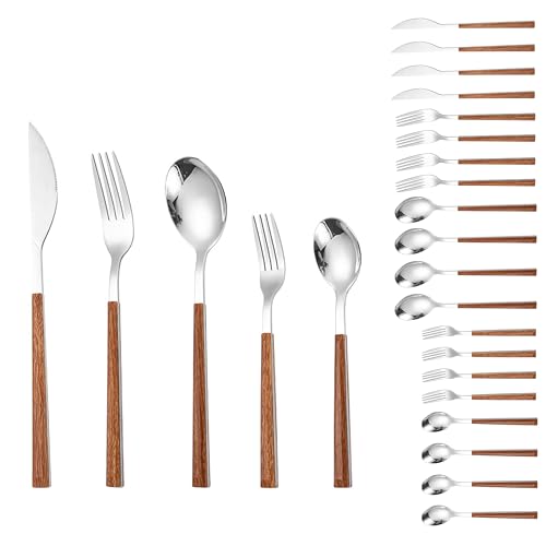 ED-Lumos Besteck Set 20 Stück Edelstahl mit Holzdruck Griff Besteck Set Geschirr Löffel Messer Gabeln Set Service für 4 Personen von ED-Lumos