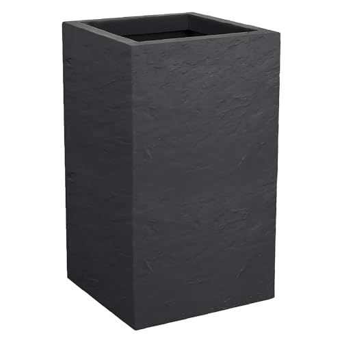 EDA - Volcania'Up Blumentopf, quadratisch, hoch, 36 l, Steinoptik, einwandig, Wasserspeicherzone – 29,5 x 29,5 x 49,5 cm – Anthrazitgrau von EDA