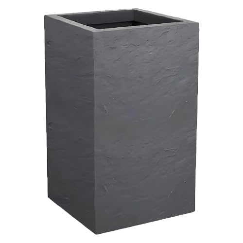 EDA - Volcania'Up Blumentopf, quadratisch, hoch, 36 l, Steinoptik, einwandig, Wasserspeicherzone – 29,5 x 29,5 x 49,5 cm, Kieselgrau von EDA