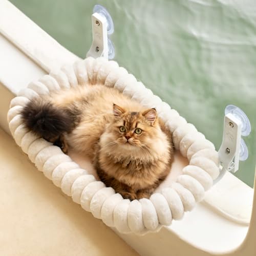 EDAGNY Katzen Fensterliege Katzen Hängematte Weich mit Abnehmbarem Wendebezug - Katzen Hängematte Fenster mit Stabiles Stahlgestell Katzenbett mit 4 Starken Saugnäpfen Halt bis 18kg (Weiß, M) von EDAGNY