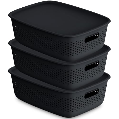 EDANTI 3x Aufbewahrungsbox mit Deckel 3er-Set 10L Organizer Kunststoff Behälter Durchbrochener Container Stylisch Modische Kleiderboxen Stapelbar Box Plastik (Anthrazit) von EDANTI