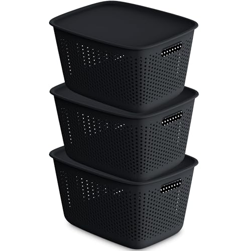 EDANTI 3x Aufbewahrungsbox mit Deckel 3er-Set 17L Organizer Kunststoff Behälter Durchbrochener Container Stylisch Modische Kleiderboxen Stapelbar Box Plastik (Anthrazit) von EDANTI