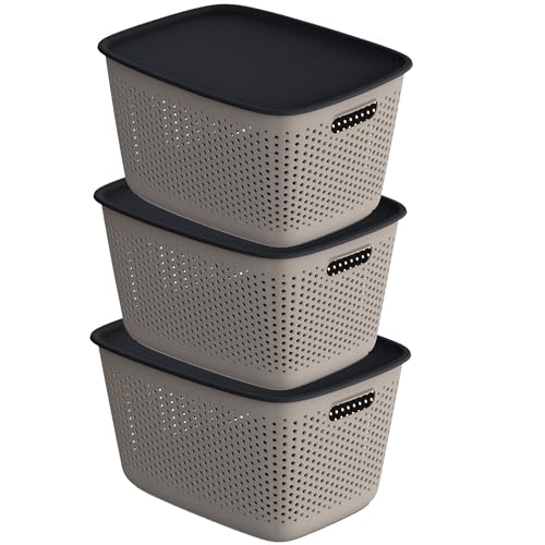 EDANTI 3x Aufbewahrungsbox mit Deckel 3er-Set 17L Organizer Kunststoff Behälter Durchbrochener Container Stylisch Modische Kleiderboxen Stapelbar Box Plastik (Hellbraun) von EDANTI