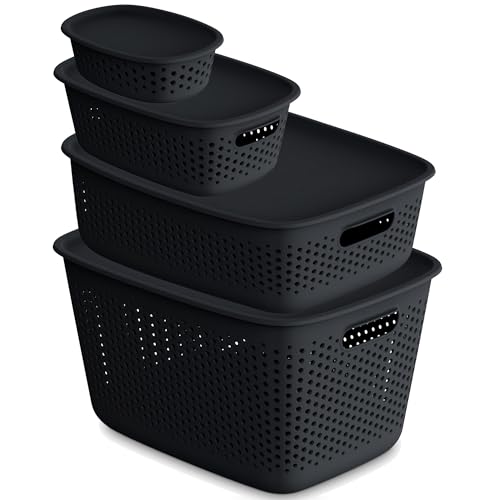 EDANTI 4x Aufbewahrungsbox mit Deckel 4er-Set 0,8L, 3,5L, 10L, 17L Organizer Kunststoff Behälter Durchbrochener Container Stylisch Modische Kleiderboxen Stapelbar Box Plastik (Anthrazit) von EDANTI