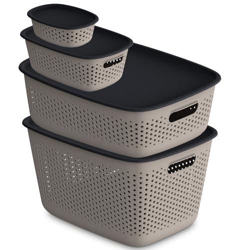 EDANTI 4x Aufbewahrungsbox mit Deckel 4er-Set 0,8L, 3,5L, 10L, 17L Organizer Kunststoff Behälter Durchbrochener Container Stylisch Modische Kleiderboxen Stapelbar Box Plastik (Hellbraun) von EDANTI