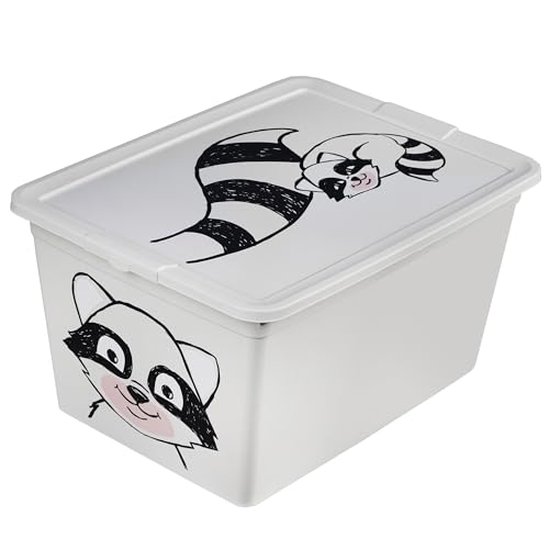 EDANTI Aufbewahrungsbox Kinder Plastikbox Mit Deckel Spielzeugkiste Für Kinderzimmer Design Mit Waschbär Kunststoff Hellgrau (30L) von EDANTI