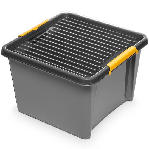 EDANTI Aufbewahrungsbox Mit Deckel Clips Organizer Ideal für Werkstatt, Transport, Garage, Heimwerken, Sortierbox Sortimentskasten Plastikbox Grau (25 l) von EDANTI