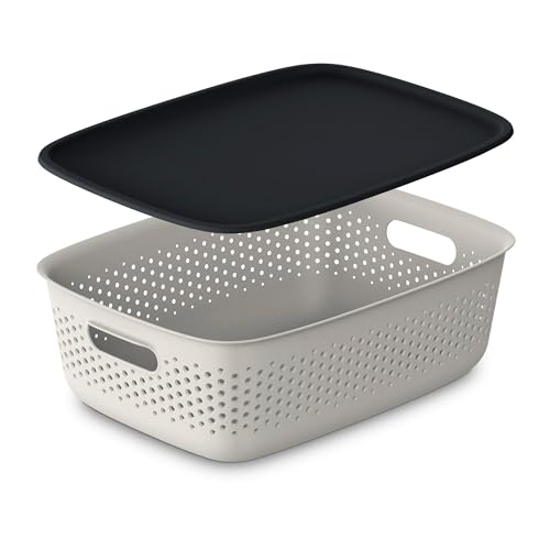 EDANTI Aufbewahrungsbox mit Deckel Organizer Kunststoff Behälter Durchbrochener Container Stylisch Modische Kleiderboxen Stapelbar Box Plastik (Hellbeige, 10L) von EDANTI