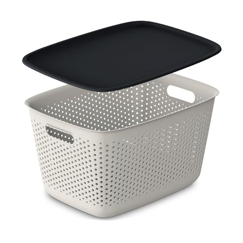 EDANTI Aufbewahrungsbox mit Deckel Organizer Kunststoff Behälter Durchbrochener Container Stylisch Modische Kleiderboxen Stapelbar Box Plastik (Hellbeige, 17L) von EDANTI