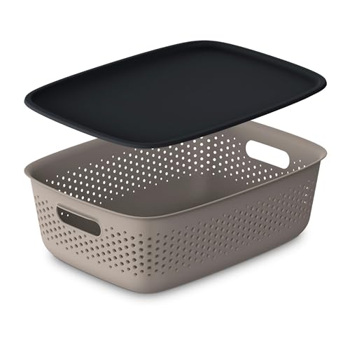 EDANTI Aufbewahrungsbox mit Deckel Organizer Kunststoff Behälter Durchbrochener Container Stylisch Modische Kleiderboxen Stapelbar Box Plastik (Hellbraun, 10L) von EDANTI