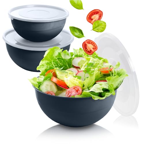 EDANTI Salatschüssel Set groß mit Deckel 3 Schalen 2-5L Kunststoff Schüsselset Servierschalen ideal zum Mischen und Servieren Schale (Dunkelgrau) von EDANTI