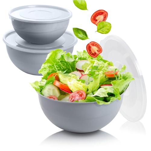 EDANTI Salatschüssel Set groß mit Deckel 3 Schalen 2-5L Kunststoff Schüsselset Servierschalen ideal zum Mischen und Servieren Schale (Grau) von EDANTI