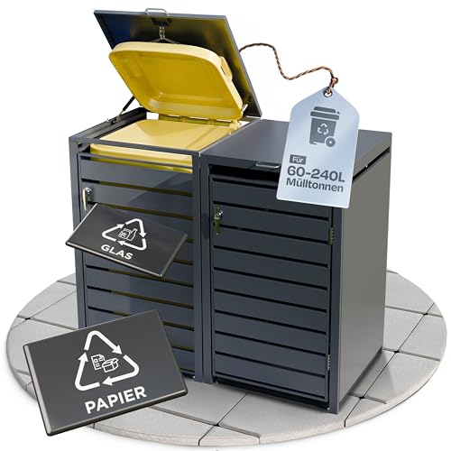 EDELFELD - Wetterfeste Mülltonnenbox für 2 Tonnen [bis 240L] - Abschließbare Mülltonnenverkleidung aus massivem Stahl - 2er Mülltonnenbox mit Soft Close - Inkl. Magnete zur Müllbox Beschriftung von EDELFELD