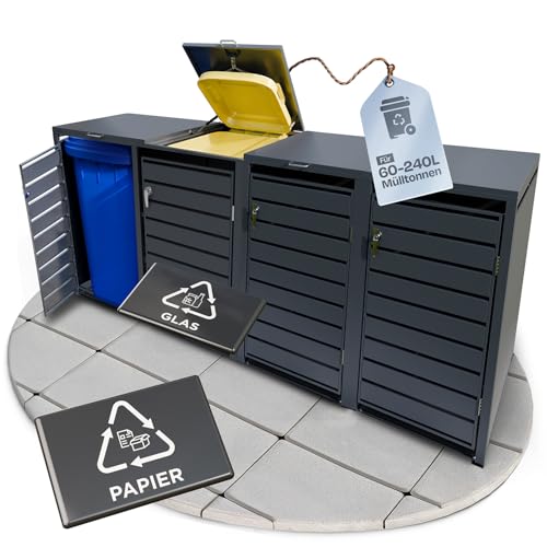 EDELFELD - Wetterfeste Mülltonnenbox für 4 Tonnen [bis 240L] - Abschließbare Mülltonnenverkleidung aus massivem Stahl - 4er Mülltonnenbox mit Soft Close - Inkl. Magnete zur Müllbox Beschriftung von EDELFELD