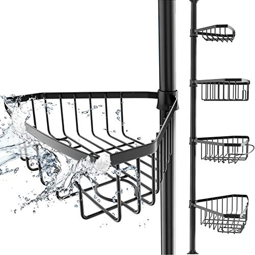 EDELHAND© Teleskop Duschregal Schwarz für Höhe von 105 bis 270 cm - Teleskopregal Bad für Dusche und Badewanne mit 4 Körben - Rutschfestes Teleskop Eckregal Dusche für Duschecke ohne Bohren von EDELHAND