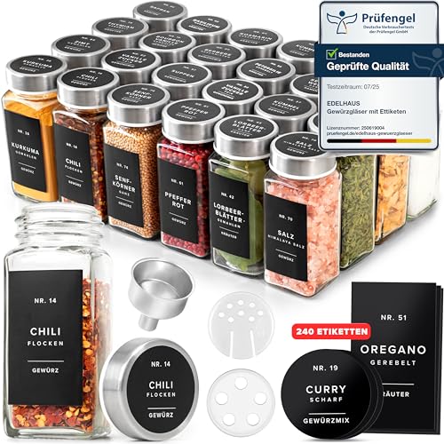 EDELHAUS Gewürzgläser Eckig Set mit Edelstahl Deckel (24 x 120ml) Gewürzstreuer mit Streueinsatz und 240 Etiketten Schwarz - Hochwertige Gewürzbehälter, Gewürzdosen, Gewürze organizer [10,7cm x 4,5cm] von EDELHAUS