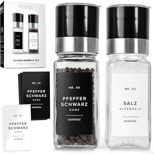 EDELHAUS Gewürzgläser Eckig mit Pfeffermühle (2x 120ml) - Salzmühle 2er Set Gewürzstreuer, Gewürzbehälter von EDELHAUS