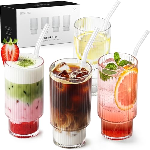EDELHAUS Gläser Set 4-teilig mit Strohhalm (300ml) - Geriffelte Cocktailgläser, Riffle, Ripple Aesthetic, Gin, Trinkgläser Set, Longdrinkgläser, Matcha Gläser von EDELHAUS