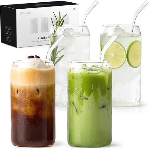 EDELHAUS Gläser Set mit Glas Strohhalm [4x 500ml] Cocktailgläser, Trinkgläser Set - Longdrinkgläser - Eiskaffee Gläser - Kaffeegläser - Iced Coffee Glas - Matcha & Kaffee Wassergläser von EDELHAUS