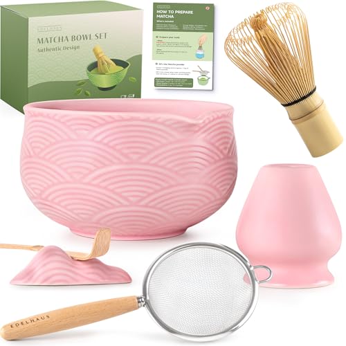 EDELHAUS Matcha Set (7 Teilig) Matcha Schale mit Besen, Sieb, Löffel - Einzigartiges Design Ceremonial Grade Matcha Tee Set (Rosa) von EDELHAUS