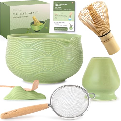 EDELHAUS Matcha Set (7 Teilig) Matcha Schale mit Besen, Sieb, Löffel - Einzigartiges Design Ceremonial Grade Matcha Tee Set (Grün) von EDELHAUS