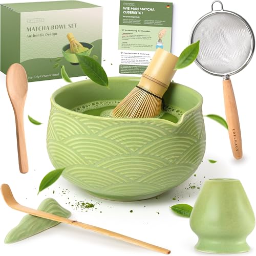 EDELHAUS Matcha Set (7 Teilig) Matcha Schale mit Besen, Sieb, Löffel - Einzigartiges Design Ceremonial Grade Matcha Tee Set (Grün) von EDELHAUS