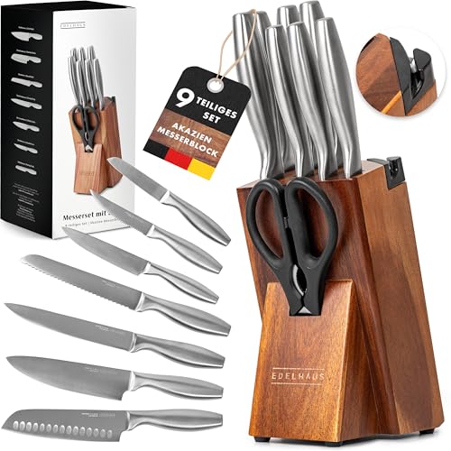 EDELHAUS Messerblock mit Messer - 9 Teiliges Profi Messerset mit Block & integriertem Messerschärfer, Küchenmesser Set aus X50CRMOV15 EDELSTAHL, Edelstahlgriffe Messer Set mit Schere, Akazienholzblock von EDELHAUS