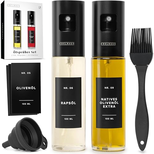 EDELHAUS Ölsprüher 2er Set - Hochwertige Öl-Sprühflasche aus Edelstahl & Glas, für gesundes Kochen I Sprüher für präzise Dosierung I für Speiseöl & Essig inkl. 20 Ettiketen, Trichter, Silikonpinsel EDELHAUS Ölsprüher 2er Set - Hochwertige Öl-Sprühflasche aus Edelstahl & Glas, für gesundes Kochen I Sprüher für präzise Dosierung I für Speiseöl & Essig inkl. 20 Ettiketen, Trichter, Silikonpinsel von EDELHAUS