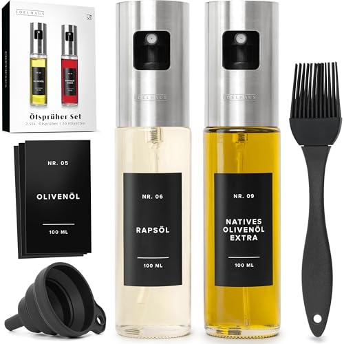 EDELHAUS Ölsprüher 2er Set - Hochwertige Öl-Sprühflasche aus Edelstahl & Glas, für gesundes Kochen I Sprüher für präzise Dosierung I für Speiseöl & Essig inkl. 20 Ettiketen, Trichter, Silikonpinsel EDELHAUS Ölsprüher 2er Set - Hochwertige Öl-Sprühflasche aus Edelstahl & Glas, für gesundes Kochen I Sprüher für präzise Dosierung I für Speiseöl & Essig inkl. 20 Ettiketen, Trichter, Silikonpinsel von EDELHAUS