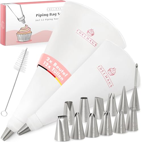EDELHAUS Premium Spritzbeutel 2er Set (17-teilig) - 30cm und 40cm Baumwolle Spritzbeutel mit Tüllen aus Edelstahl zum Dekorieren von Torten, wiederverwendbar und spülmaschinenfest, inkl. Adapter von EDELHAUS