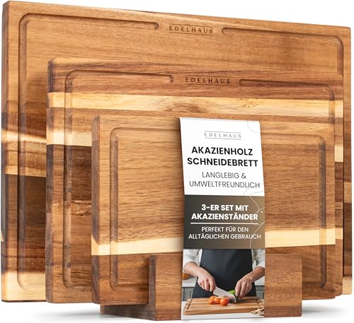EDELHAUS Schneidebrett Holz 3er Set (40x30cm / 33x24cm / 26x18cm) Holzschneidebrett aus Massiver Akazie - 2cm dicke Holzbretter Küche mit Saftrille - Design Cutting Board Schneidbrett Set von EDELHAUS